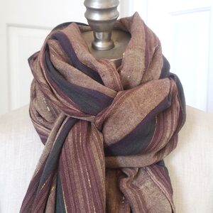 Boho Brown Gold Striped Scarf Pashmina Wrap Tan Burgundy Navy Green Metallic